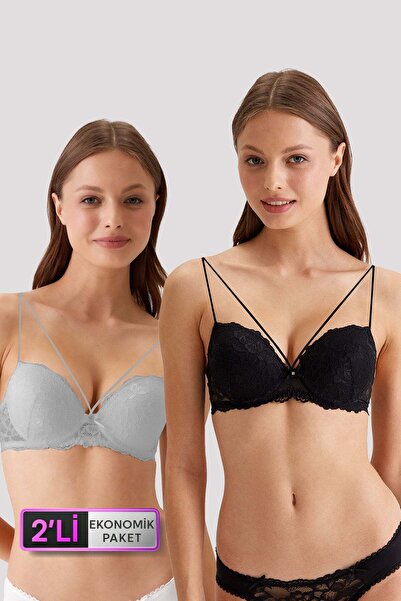 Pierre Cardin 6814 2'li Ekonomik Paket Milan Destekli - PushUp Siyah - Gri Dantelli Sütyen Set
