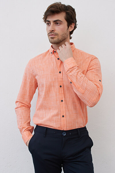 RAVANELLI Linen Orange Slim Fit Long Sleeve Shirt