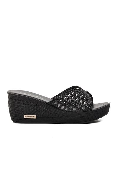 Pierre Cardin PC-3529 Μαύρες γυναικείες παντόφλες με σφήνα τακούνι