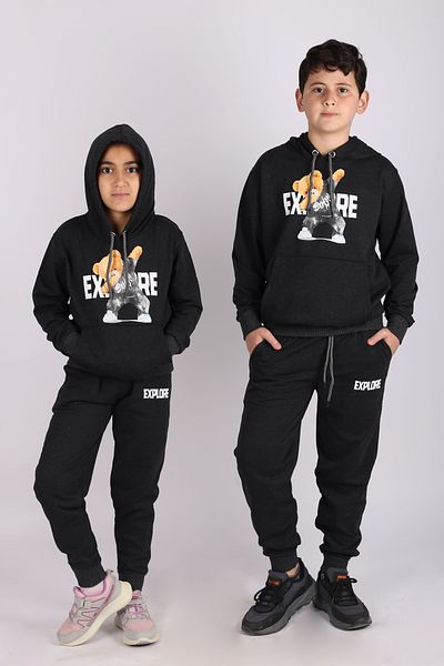 çiko kids Unisex Hooded Explore Teddy Bear Printed Kangaroo Tracksuit Set with Pockets