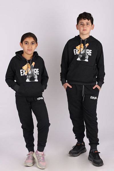çiko kids Unisex Hooded Explore Teddy Bear Printed Kangaroo Tracksuit Set with Pockets