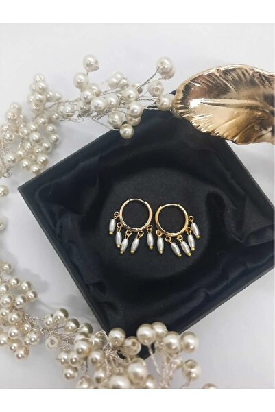 YAĞMURR İnci Küpe Halka Sallantı Model Gold Altın Çelik