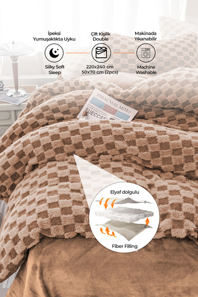Evlen Home Collection Elyaf Dolgulu Kürk Yatak Örtüsü Peluş Yumuşak Wellsoft 3 Parça Set PL Çift (Taraflı) Kişilik Kahve