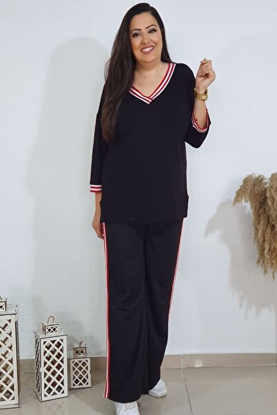 C&C OKULCUNUZ Plus Size Full Flexible Red Ribbed Suit