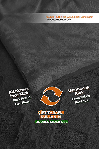 Evlen Home Collection Elyaf Dolgulu Kürk Yatak Örtüsü Peluş Yumuşak Wellsoft 1 Parça Set FLY Çift Kişilik Antrasit