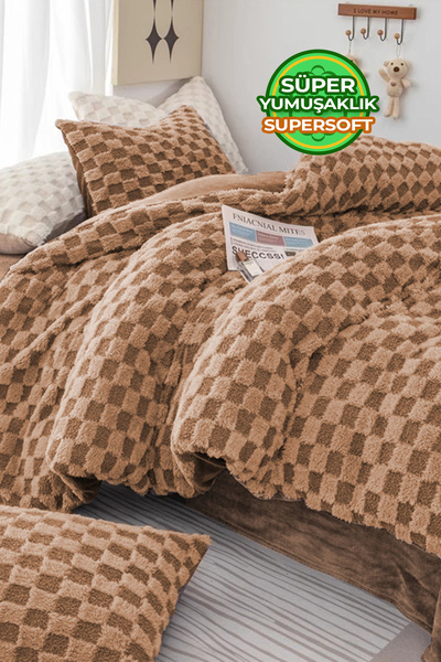 Evlen Home Collection Elyaf Dolgulu Kürk Yatak Örtüsü Peluş Yumuşak Wellsoft 3 Parça Set PL Çift (Taraflı) Kişilik Kahve