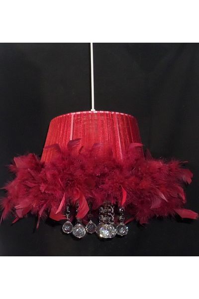 TEKAY AYDINLATMA Claret Red Feathered Stone Bedroom Chandelier Lampshade Set.1 Chandelier 1 Lampshade