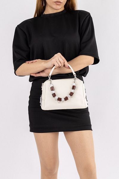 Getcho Betta Women's Beaded Handle White Shoulder and Crossbody Bag - Stylish Design, Magnetic Cover, Large Internal Volume