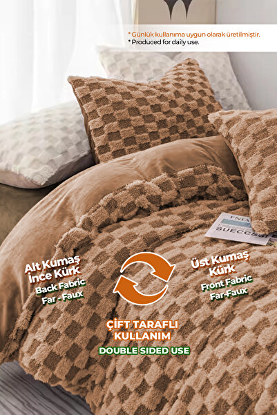 Evlen Home Collection Elyaf Dolgulu Kürk Yatak Örtüsü Peluş Yumuşak Wellsoft 3 Parça Set PL Çift (Taraflı) Kişilik Kahve