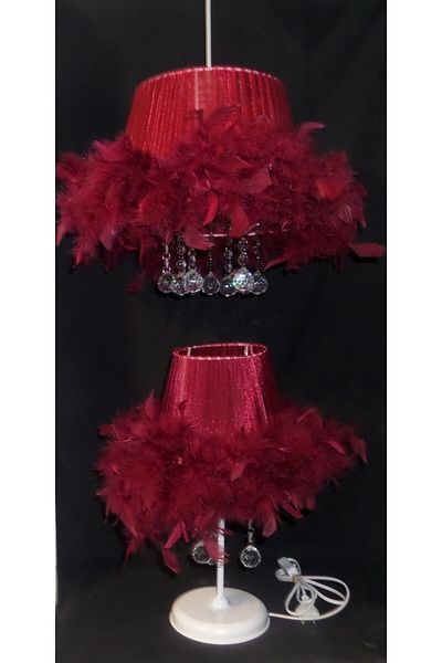 TEKAY AYDINLATMA Claret Red Feathered Stone Bedroom Chandelier Lampshade Set.1 Chandelier 1 Lampshade