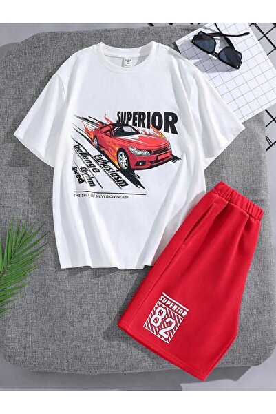 LOUİSA Dečački vrhunski automobil Štampano set kratkih hlača i majice u belo-...