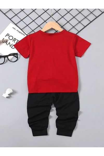 MORNİNG KİDS Boy's Summer Fabric King Printed Red-Black T-Shirt-Sweatpants Set