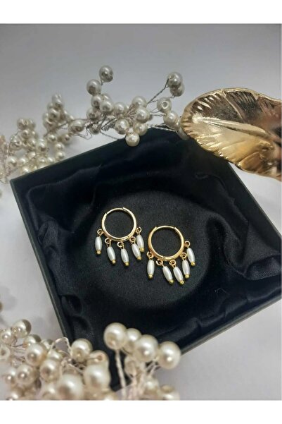 YAĞMURR İnci Küpe Halka Sallantı Model Gold Altın Çelik