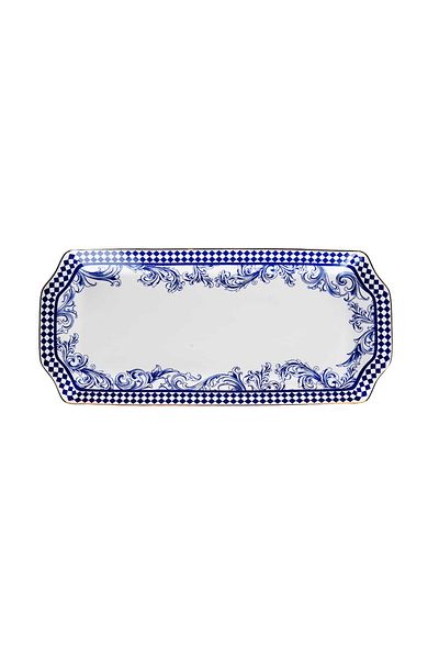 Lucky Art Aurora Bone - 36 cm Blue and White Baroque Patterned Porcelain Baton Presentation Plate