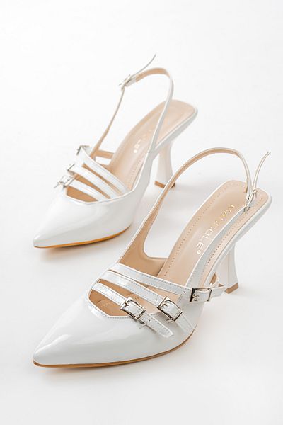 MASSOLE White Patent Leather Stiletto Open Back 3 Buckles Premium Women's Shoes Casual (8,5 CM)