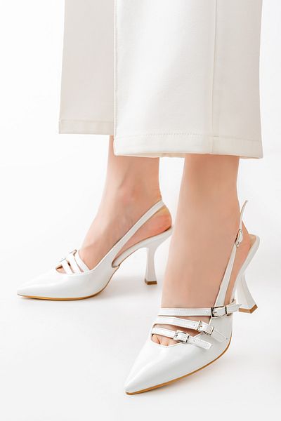 MASSOLE White Patent Leather Stiletto Open Back 3 Buckles Premium Women's Shoes Casual (8,5 CM)