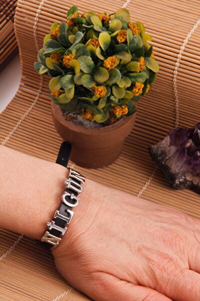 AlpCollection Kişiye Özel Gümüş Renkli Harflerle Isim Yazılı Suni Deri Bileklik