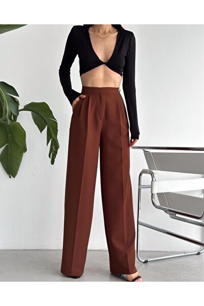 Eke Tekstil Γυναικείο παντελόνι Palazzo με πλισέ υφαντό ύφασμα με λεπτομέρεια...