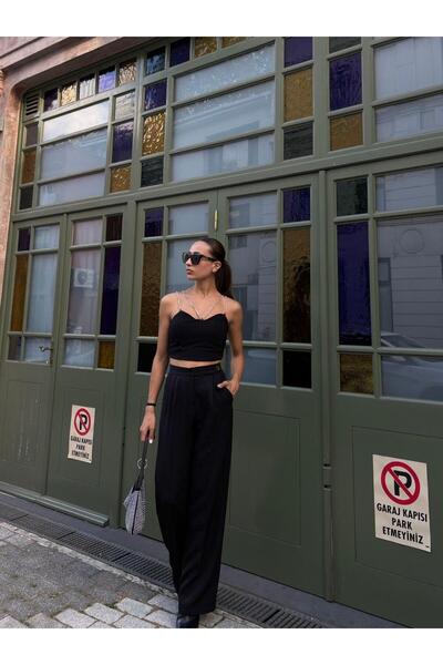 Eke Tekstil Γυναικείο παντελόνι Palazzo με πλισέ υφαντό ύφασμα με μαύρα κουμπιά