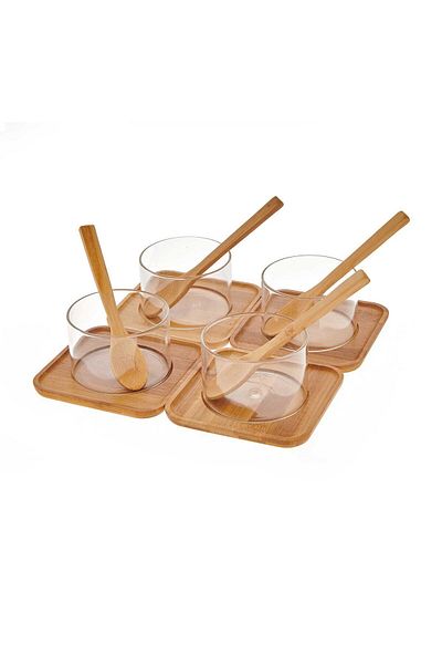 kitchenboost Glass suffle set with bamboo plate - presentation bowl with multi-purpose base 12 pieces
