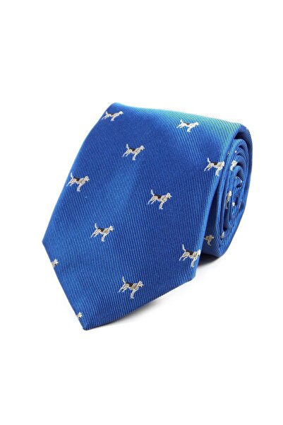 Sade Kravat Gök Mavi Krem Özel Dokuma Köpek Motifli Kravat  27798 Gök Mavisi