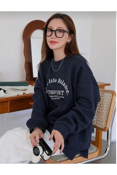 zore Business Life Balance Women's Sweatshirt - Navy Printed Oversize Raised Crew Neck