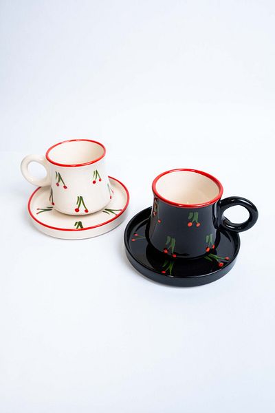 Gezdikçe Bilelim Set of 6 Black and White Handmade Boiler Ceramic Coffee Cup, Coffee Cup
