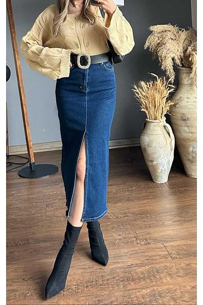 MADAME MELEK Model Zr Fustă de blugi cu nasturi cu fante albastru inchis Lungime la genunchi