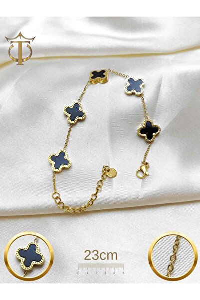 CANTUĞ TAKI Çelik Bileklik 5'li Siyah Alhambra Yonca Model