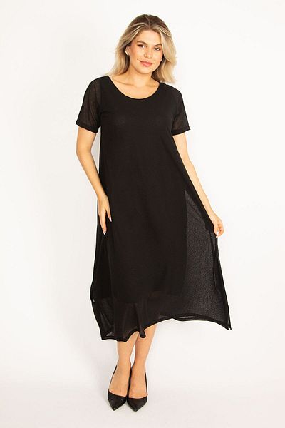 Şans Γυναικείο φόρεμα κρεπ με μαύρη γραμμή Plus Size 65n34507