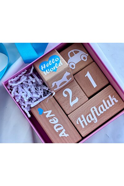 mogokids MAVİ KALPLİ ANNE BEBEK ANI KÜPÜ BEBEK SAÇ FIRÇASI 7 parça AHŞAP DEKOR FOTOĞRAF ÇEKİM SETİ