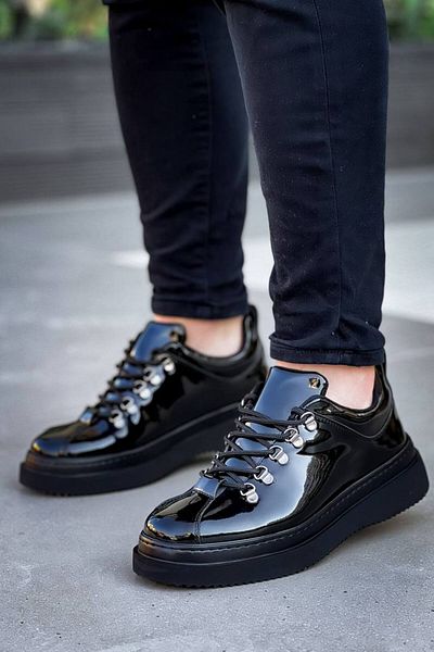 Joy Man J-X4 Pantofi sport pentru bărbați, cu talpă ortopedică, cu șireturi, din piele lăcuită, ST Negru