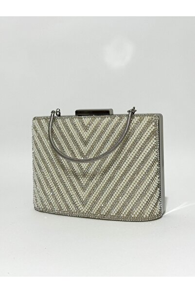 NAZART Women's Pearl Stoned Mother of Pearl Evening Dress Clutch Portfolio Chain Strap Handheld Wedding Engagement Night Shoulder Bag