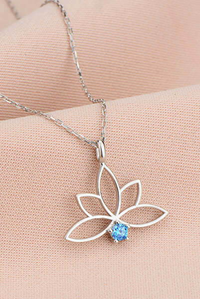 Bilsen Store 925 Ayar Gümüş Zincirli Akuamarin Taşlı Lotus Kamelya Çiçeği Kolye