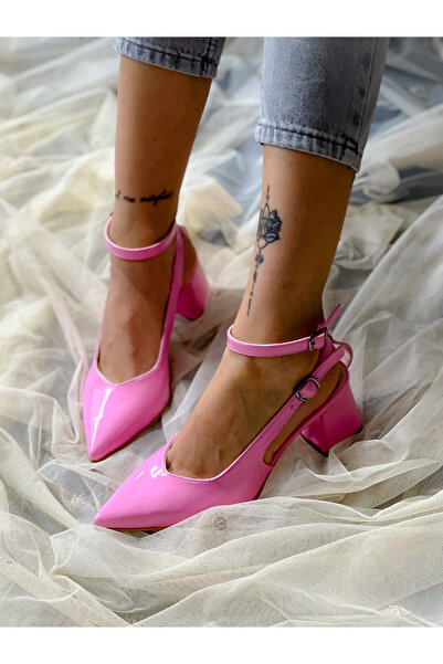 irmona DUBAI PEMBE RUGAN KISA ÖKÇE BANTLI SIVRI BURUN KLASIK SANDALET