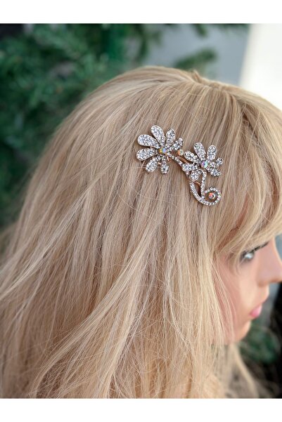 QUEEN AKSESUAR luxury crystal stoned metal large flower motif scalloped side buckle bridal henna engagement hair accessory gold