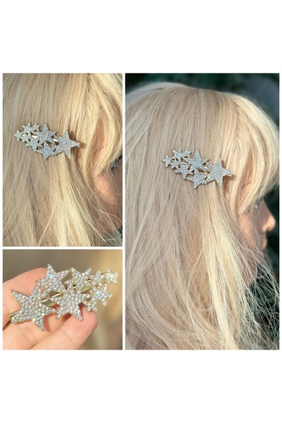QUEEN AKSESUAR İthal lüks tekli gold altın metal kristal taşlı küçük büyük yıldızlı yan toka kadın çocuk pensli