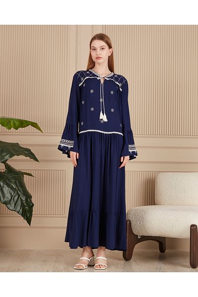 AYASOFYA OTANTIK Women's Navy Blue Ethnic Embroidery Detailed Spanish Sleeve Long Dress