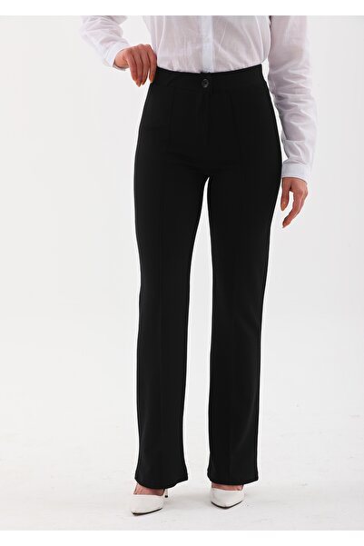 SHEMSSTORE PANTALONI PALAZZO DAMA TESTURĂ NEGRA CREPE LICRADĂ FRONTALĂ DE IAS...