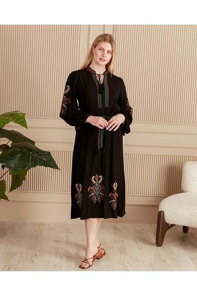AYASOFYA OTANTIK Women's Black Placket Collar Ethnic Embroidery Embroidered Long Sleeve Belted Loose Dress