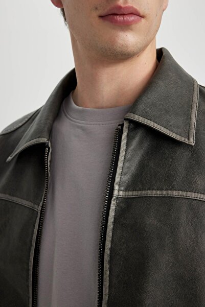 DeFacto Faux Leather Slim Fit Coat - Polo Neck, Zip Pocket, Lined Seasonal C4243Ax24Sp