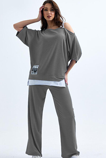 ESSFASIHON Set de jos și de sus din țesătură șifonată cu picior largi