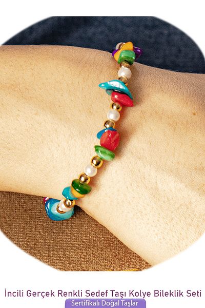 Tesbih Atölyesi Certified Pearl Multicolor Colorful Mother of Pearl Natural Stone Necklace Bracelet Set