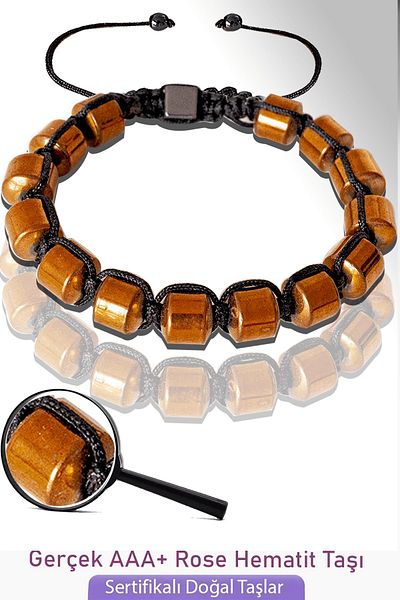 Tesbih Atölyesi Certified Real Barrel Model Rose Hematite Stone Bracelet - Adjustable