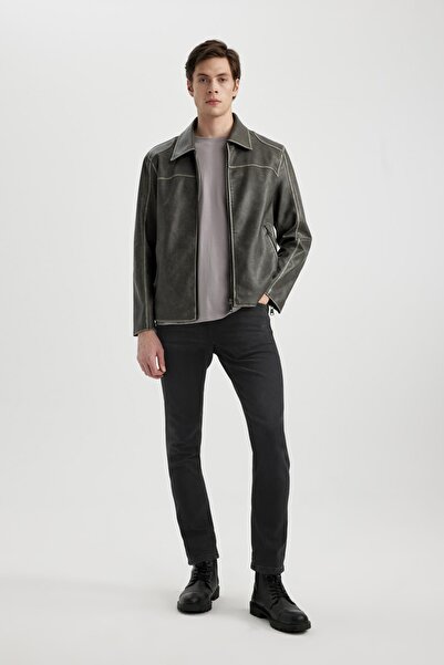 DeFacto Faux Leather Slim Fit Coat - Polo Neck, Zip Pocket, Lined Seasonal C4243Ax24Sp