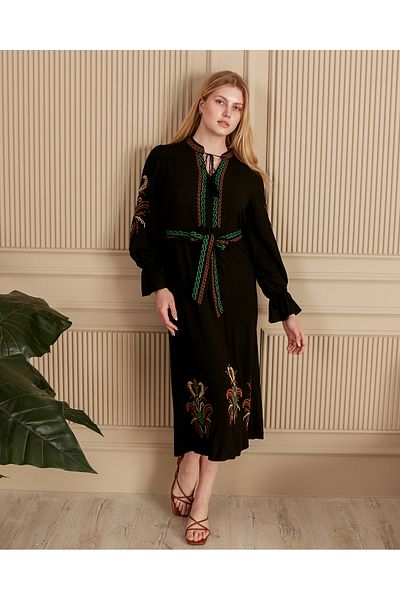 AYASOFYA OTANTIK Women's Black Placket Collar Ethnic Embroidery Embroidered Long Sleeve Belted Loose Dress