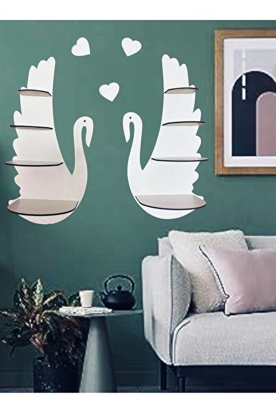10kdekor Kuğu 2'li Ahşap 8 Raflı Duvar Dekoru Beyaz Ahşap Kuğu Raf 2li