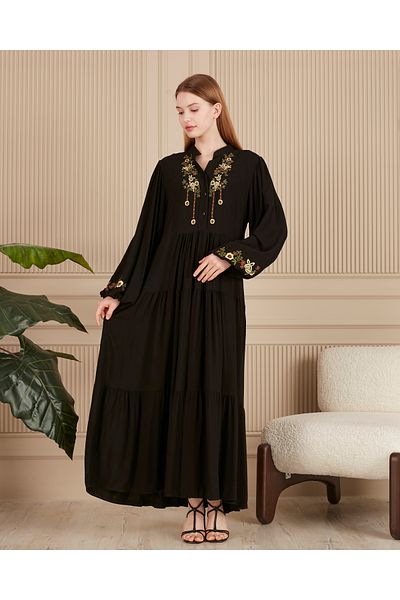 AYASOFYA OTANTIK Rochie lungă și largi cu broderie florală neagră - decolteu cu plăcuțe și mâneci cu bule