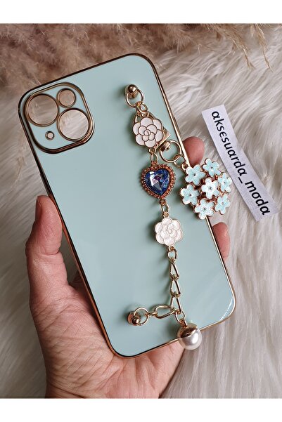 Aksesuarda Moda Iphone 15 Uyumlu Çiçekli Taşlı Incili El Geçmeli Lazer Kılıf