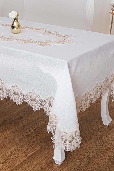 Finezza Nihal Lüx Čipka komad Sa šljokicama Lan tkanina krem boje Stolnjak 16...